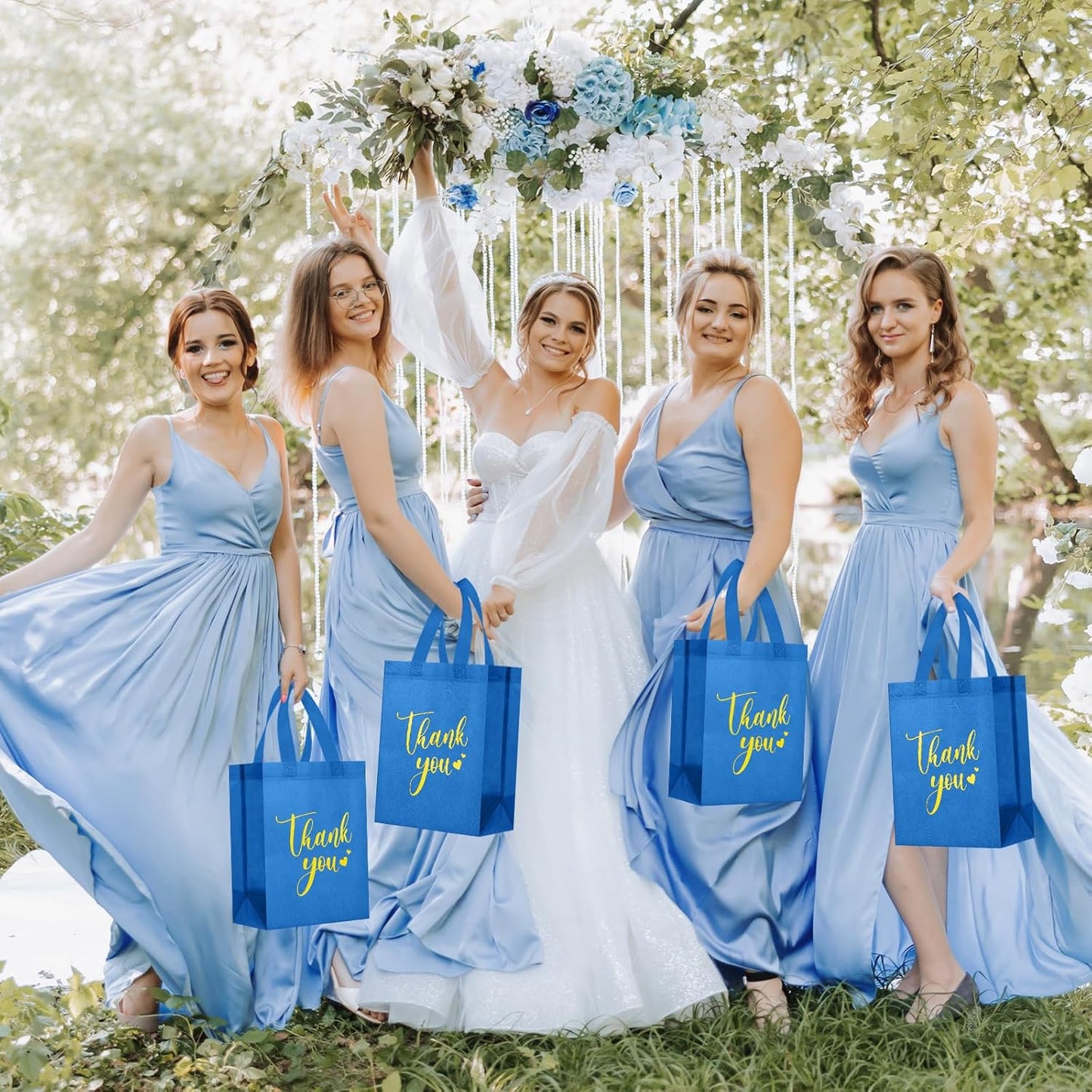 Sweetude 30 Pcs Thank You Gift Bags with Handles Bulk Reusable Goodie Bag Non Woven Foldable Handbag for Graduation Wedding Bridesmaid Gifts (10 x 8 x 4 Inch, Blue)