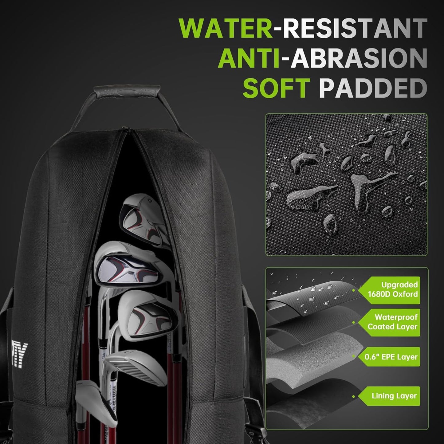 Padded Golf Club Travel Bag with Wheels, Golf Luggage Case Cover for Airlines - 1680D Wear-Resistant Oxford, Waterproof Coating Layer, Universal Size