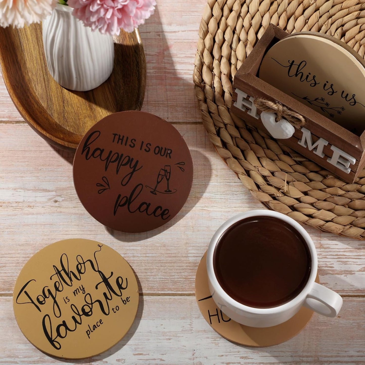 Queekay Housewarming Gifts for Home Decoration Wooden Heart Coasters for Drinks 6 Set Farmhouse Coasters with Holder Funny for Family Coffee Table Protection, 4''(Brown)