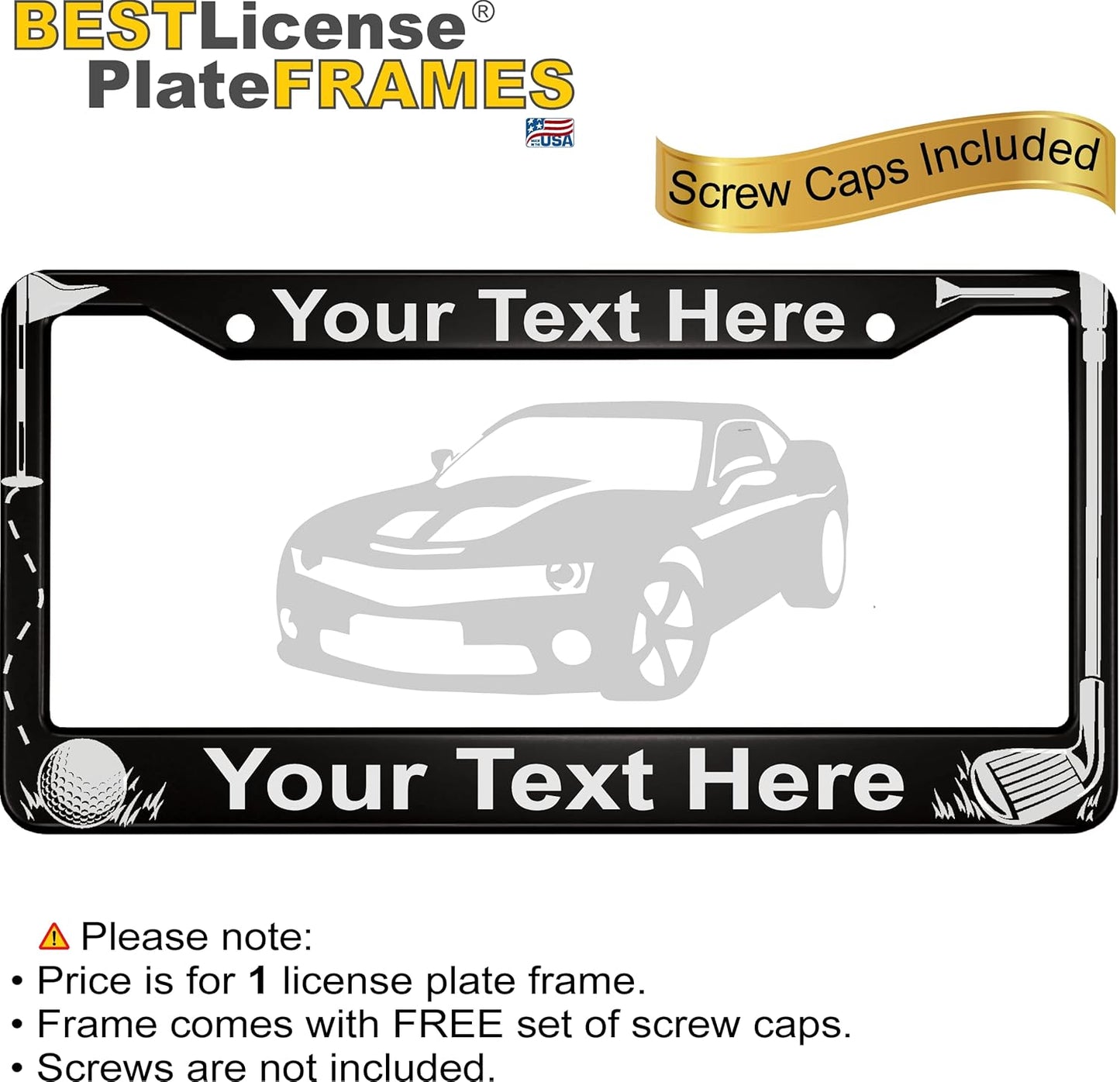 Golf Club and Ball Design with Your Custom Text | Laser Etched Anodized Aluminum Standard Size - CAR/Automobile License Plate Frame & Free caps - Black (Qty: 1 Frame)