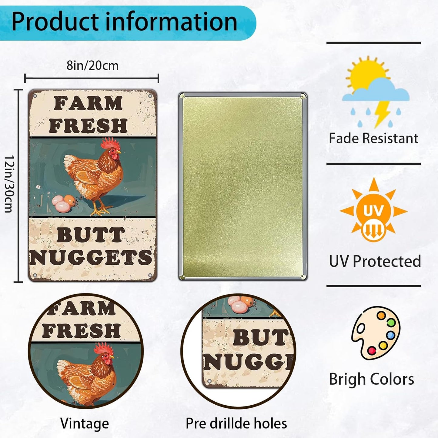 Chicken Coop Sign Farm Fresh Butt Nuggets Tin Sign Plaque Metal Poster 12x8 Inch Wall Decor