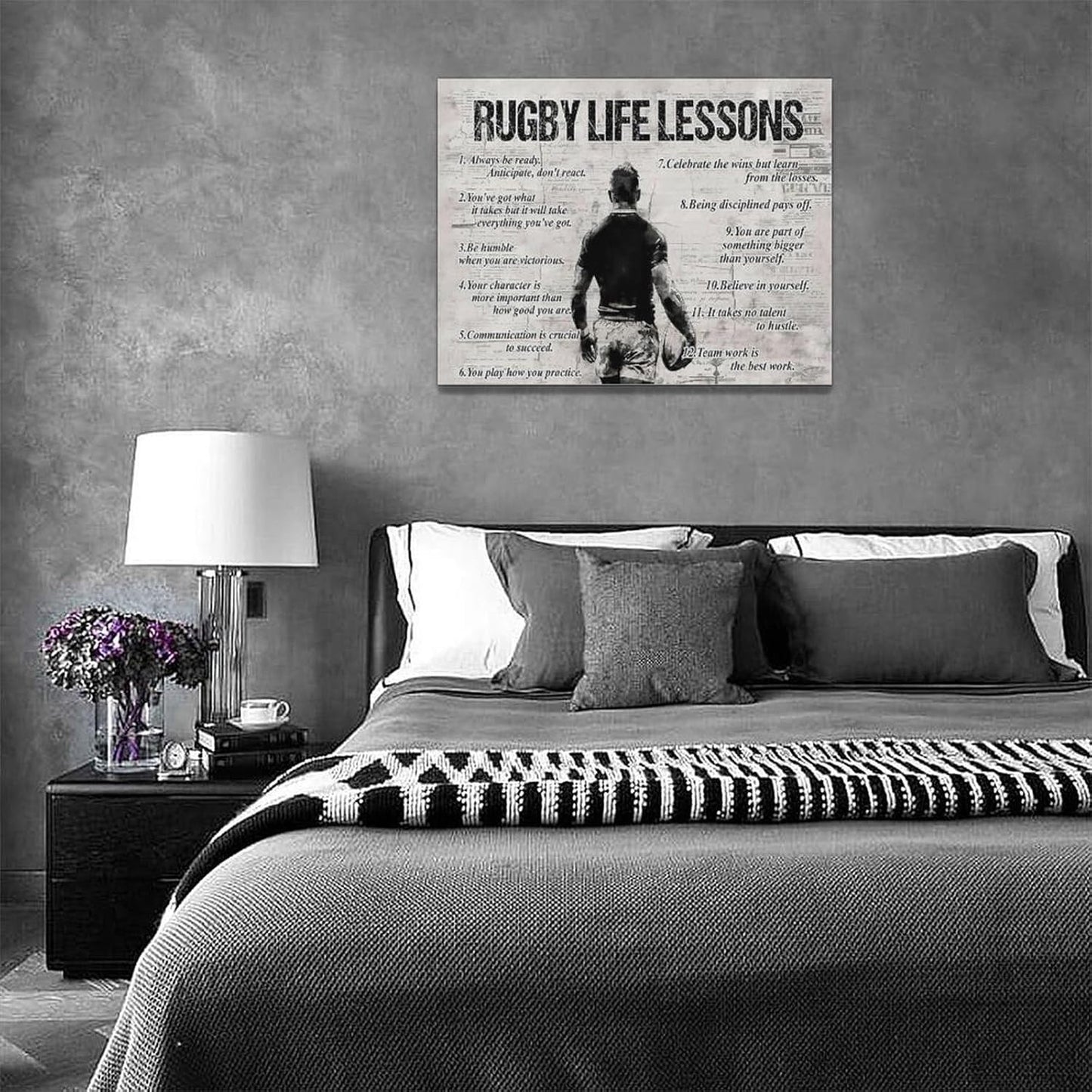Rugby Life Lessons Wall Art Rugby Sports Wall Decor Rugby Sign Retro Poster Boy Men Motivational Decorations Canvas Print Painting Artwork for Bedroom Bathroom Living Room Gym 16"x12"