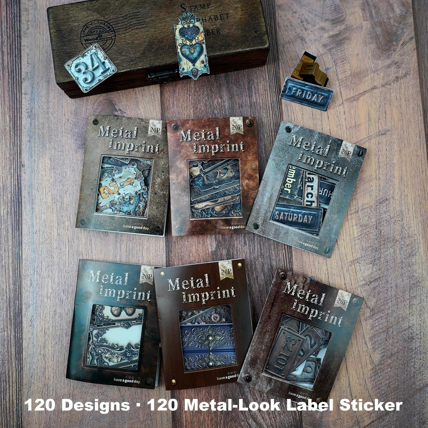 Metal Imprint Stickers Set – 120PCS Vintage Faux Embossed Label Stickers Featuring Writable Self-Adhesive Tags for Scrapbook Junk Journal DIY Crafts