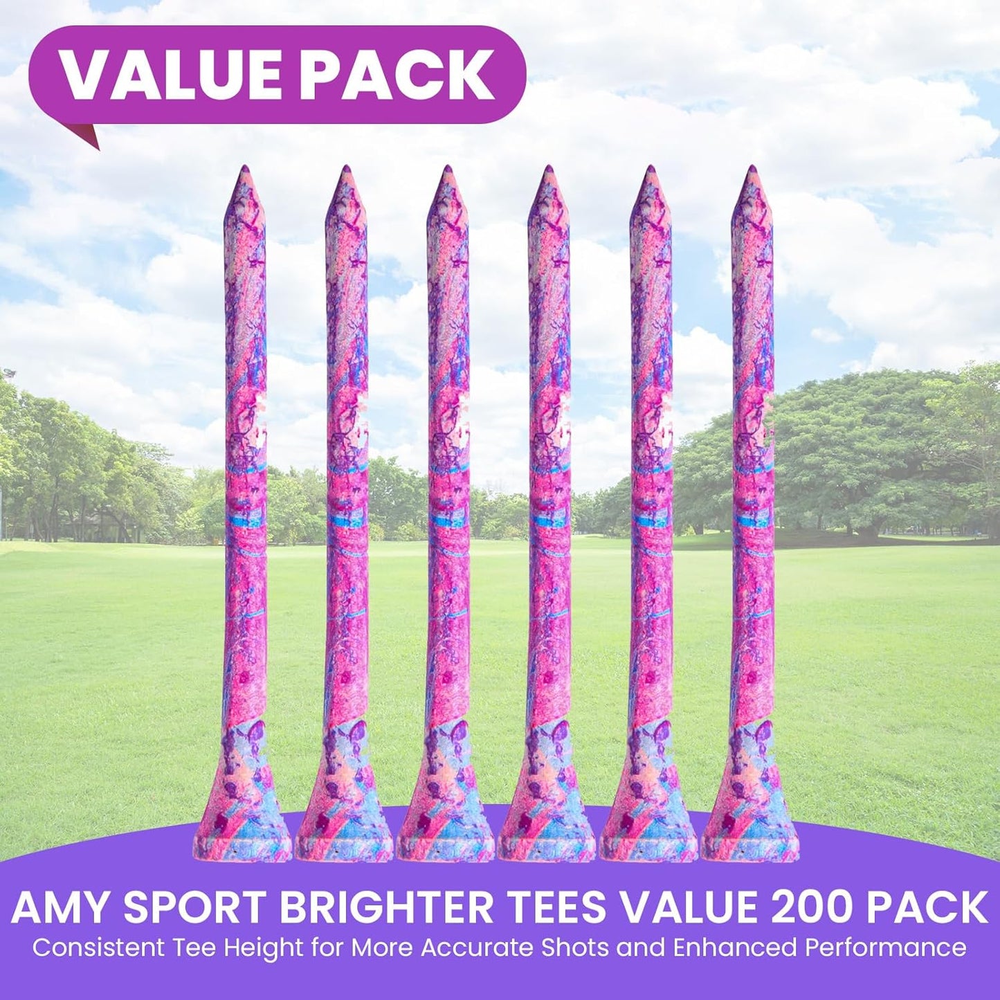 Amy Sport Golf Tees Styllish Bamboo Wooden Coloured Painted Bulk 200 Pack 1 1/2 3 1/4 2 3/4 Inch Tee, Enhanced Visibility Color Purple Pink Green Blue, Practice for Men Women