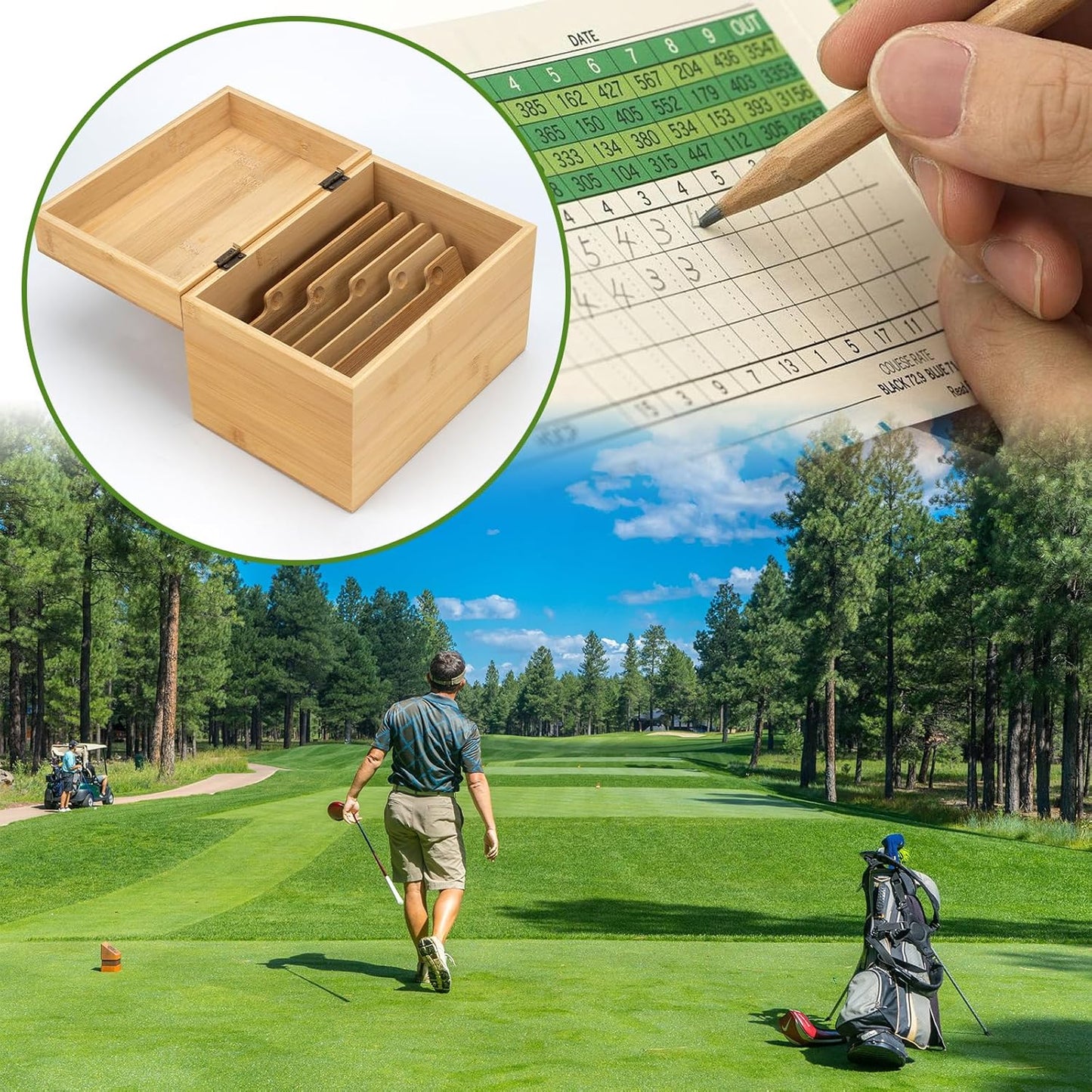 Golf Scorecard Collection Box, Golf Storage Box With 5 Wooden Dividers Holds Scorecards, Photos, Keepsakes, Yardage Books, Golf Scorecard Holder Keeper Accessories to Organize and Display