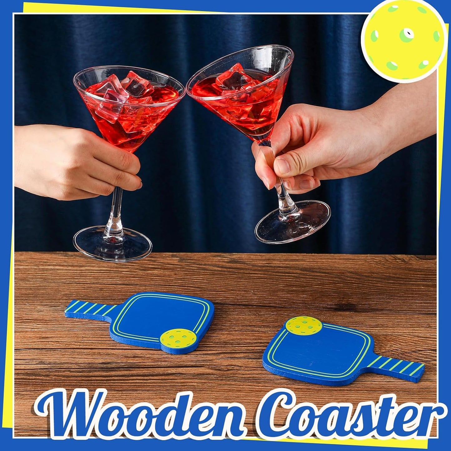 Hushee 6 Pcs Dinkball Drink Coasters Wood Coasters Set Paddle Shape with Handle Funny Gift for Women Men Sports Lovers Fans Party Favors Decorations (Blue)