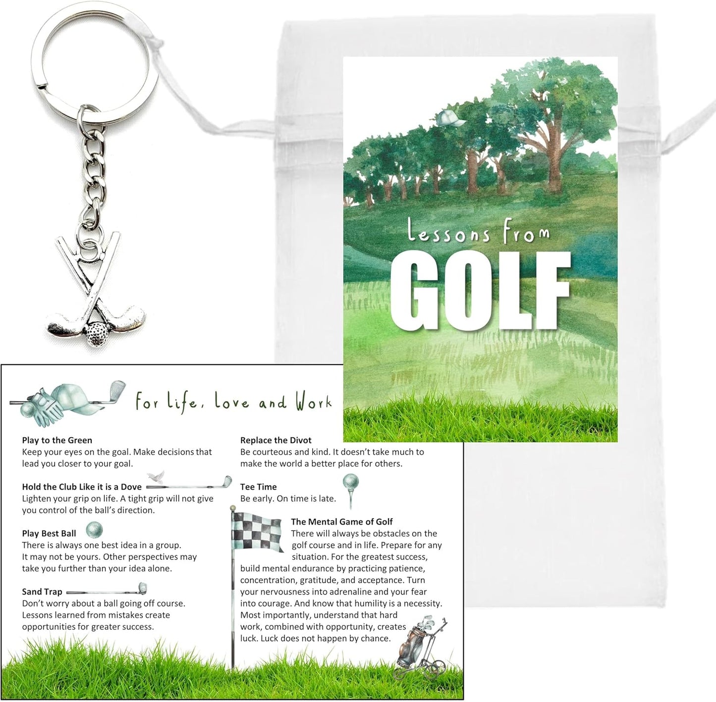 Smiling Wisdom - 10 Bulk Gifts - Wisdom From Golf 3.5x5in Cards & Keychains - Women Men Employees Staff - 30pcs - Silver Club Charms
