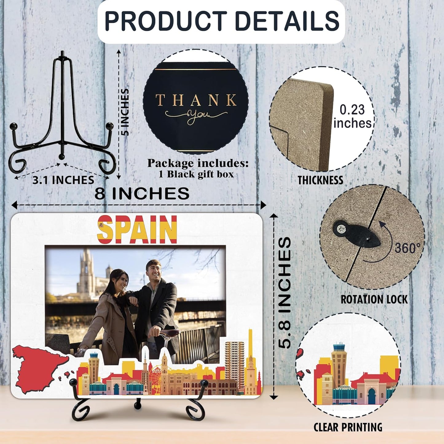 Spain Travel Picture Frame, 5 x 8 Spain Themed Wooden Photo Frame with Stand, Vacation Anniversary Honeymoon Gifts For Friend Family Couples, Home Office Desk Decorations-A08