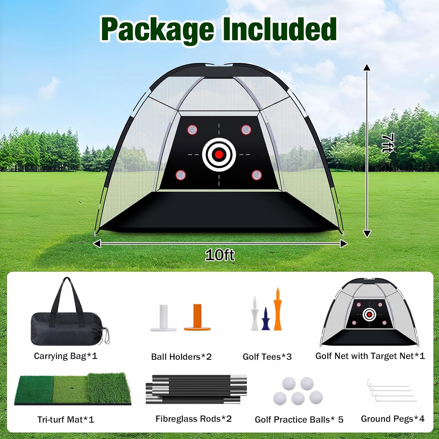 MoKo Golf Net with Practice Mat, 10 x 7 ft Golf Hitting Net for Outdoor Indoor Backyard Driving Chipping Swing Training, All-in-One Multi-Target Training Aid Practice Nets with Tri-Turf Mat