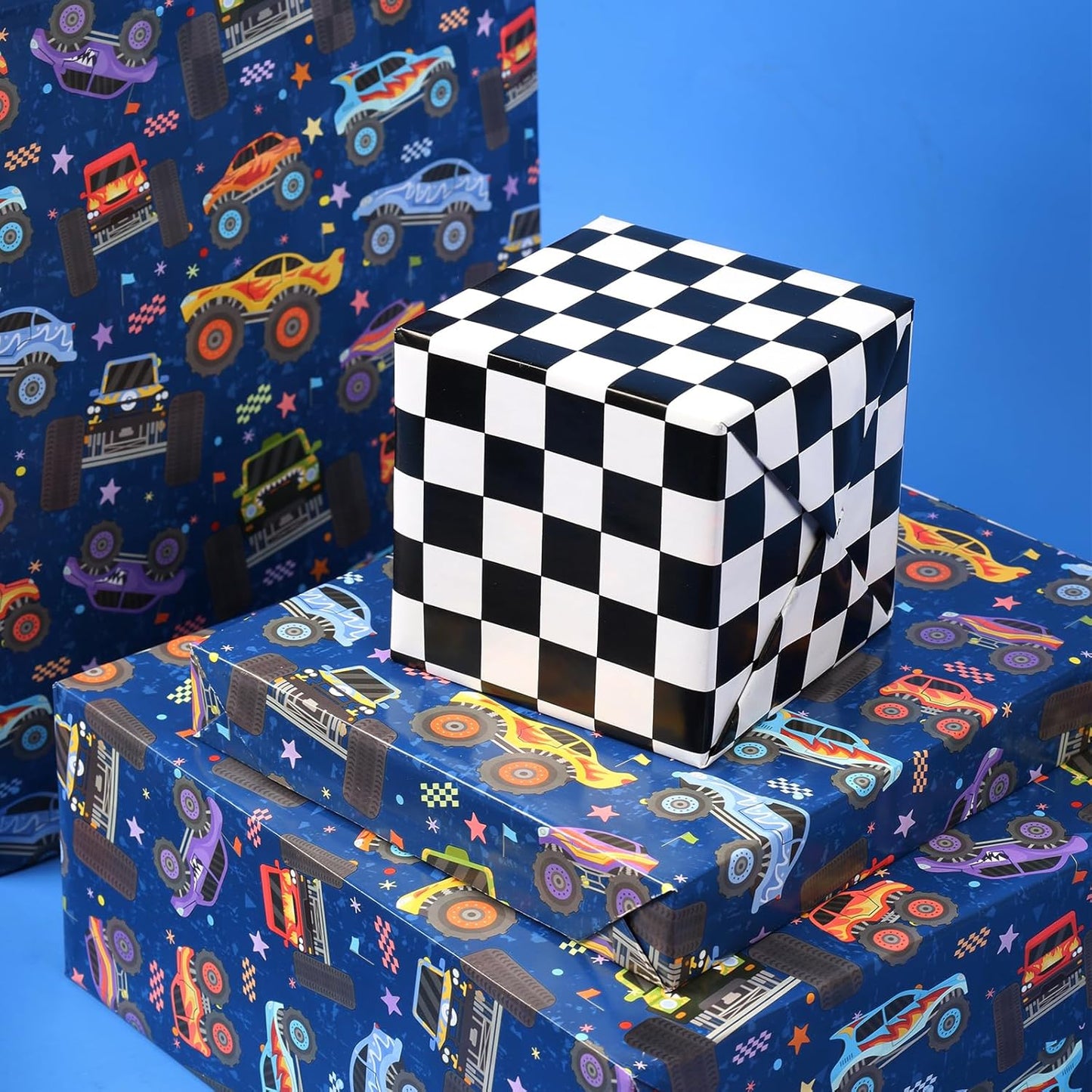 LaRibbons Monster Truck Reversible Wrapping Paper Mini Roll, Checkered Flag Design, Perfect for Kids and Boys Birthdays, 17" x 33'(46.7 sq. ft)