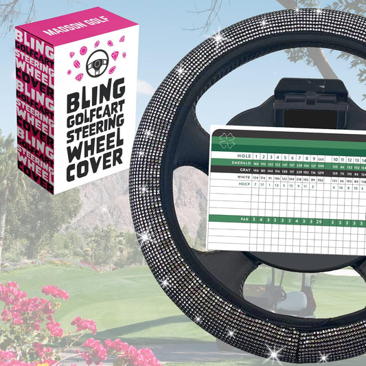 Universal Colorful Bling Crystal Diamond Rhinestones Golf Cart Steering Wheel Cover fits Club Car, Yahama, EZGO, Anti Slip Cover Easy to Install, Great Gifts for Golfer Women Womens (White Diamond)