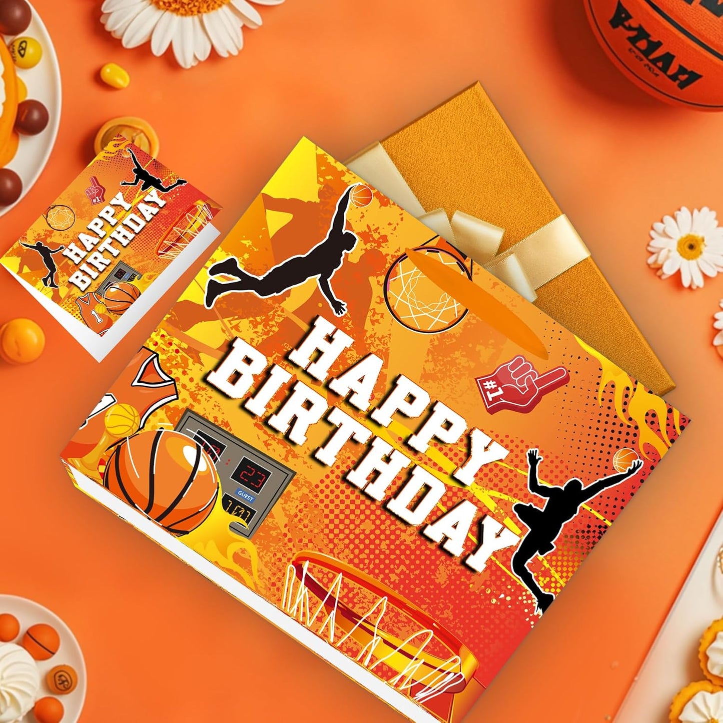 EoBeCy Basketball Birthday Gift Bags with Handles, Tissue Paper and Card, Orange Happy Birthday Wrapping Paper, Large Basketball Gift Bags for Teen Boys Girls Kids Men Sports Themed Party Favors