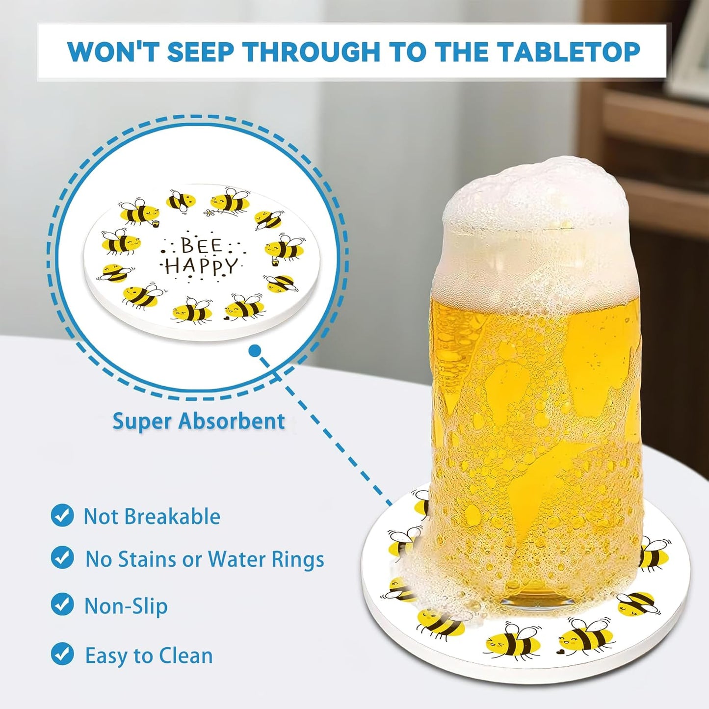 Bee Coasters Set of 4, Absorbent Ceramic with Cork Backing, Bee Happy Coaster Mats for Drinks, Ideal Gifts for Women Men