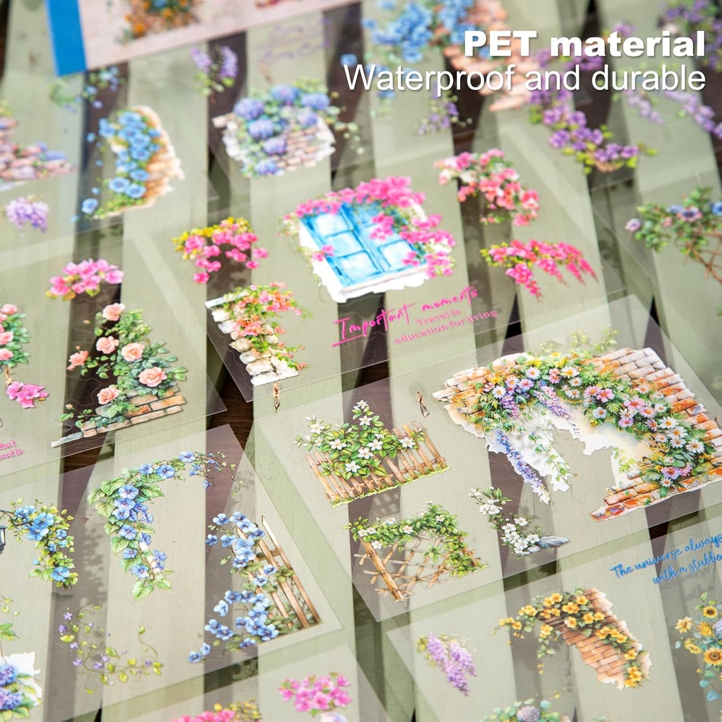 Vintage Garden PET Sticker Book Set – 4 Books, 64 Pages of Pre-Cut Waterproof Floral Stickers for Journaling, Scrapbooking, DIY Crafts and Planner Supplies