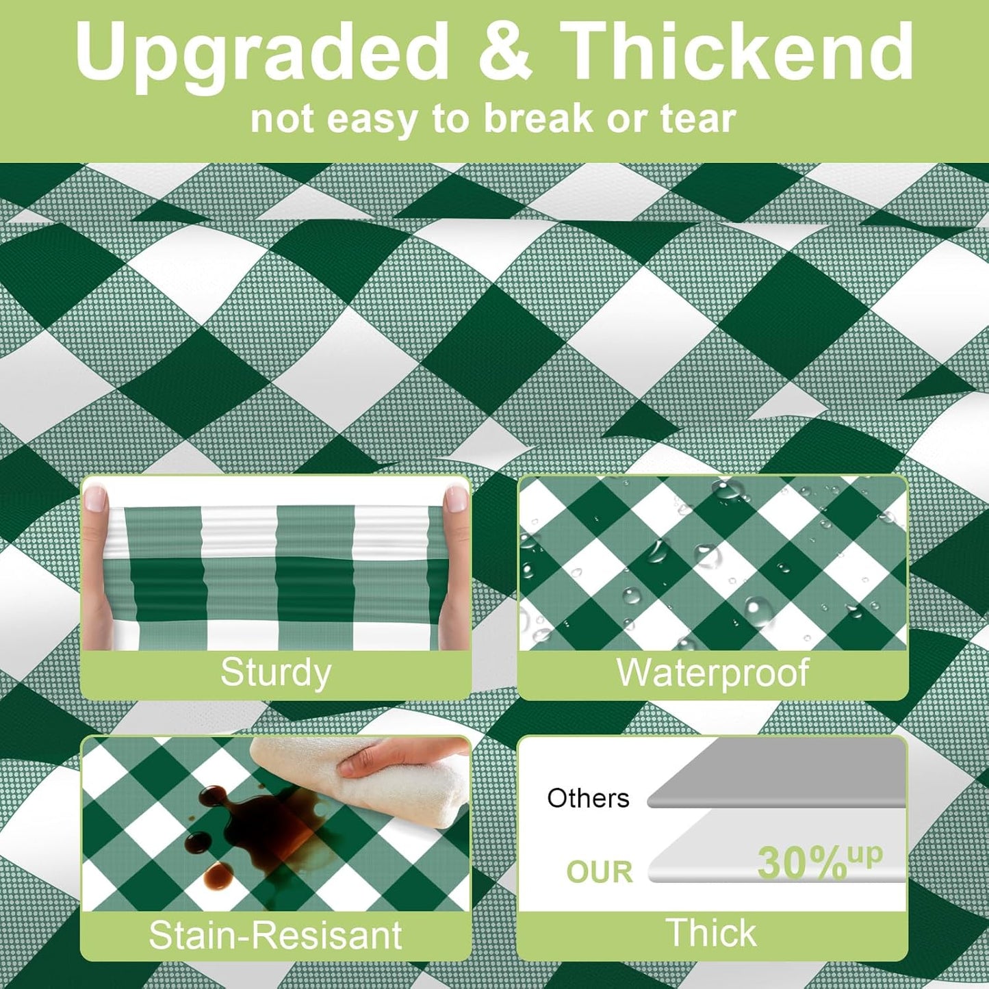 QIKSION Green Gingham Tablecloth Disposable 3 Pack, 54 x 108 Inch Green and White Checkered Table Cloth for Rectangle Tables, Plastic Table Cover