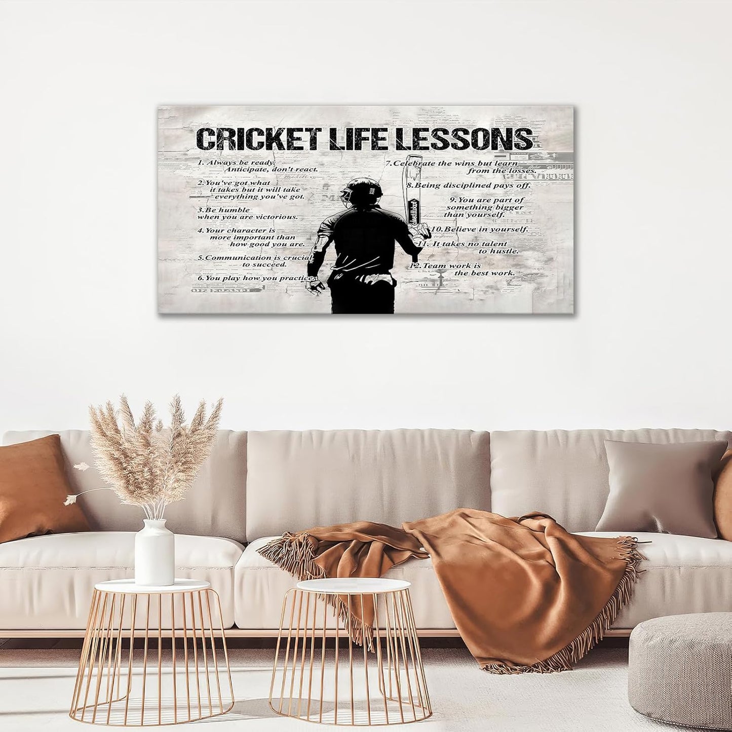 Cricket Sports Wall Art for Living Room Large Size Cricket Life Lessons Wall Decor Cricket Sign Retro Canvas Prints Inspirational Pictures Painting Artwork Home Decoration Master Bedroom Gym 60"X30"