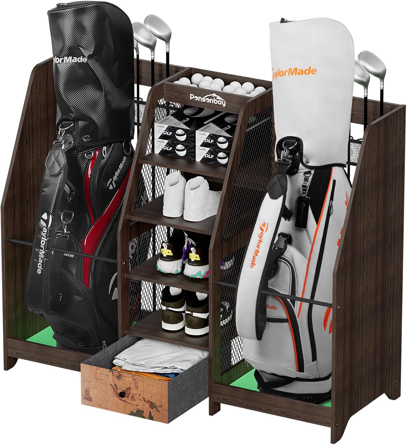 Golf Bag Storage Organizer for Garage, Premium Wooden 2 Golf Bags Rack with Drawer, Easy Assemble Golf Club Stand/Holder Suitable for Garage Home Simulator and Office