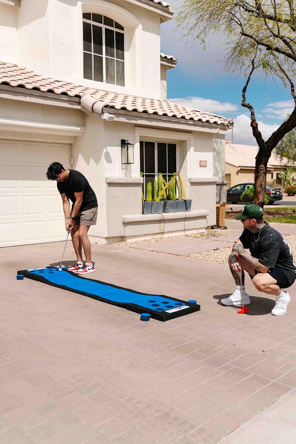 PutterBall Lite Original Golf Putting Game Set – Backyard 9 ft Putting Green Pong Style Golf Mat with 2 Putters, 2 Balls & Hole Covers