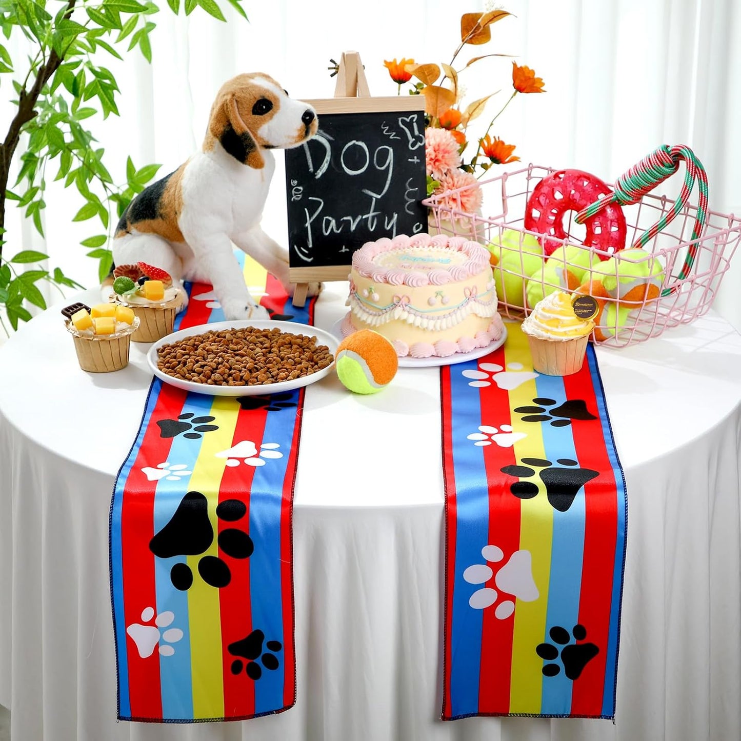 6 Pcs Paw Printed Table Runner 60 x 6 Inch Dog Paw Tablecloth Runner Gold Red Blue Striped Table Decoration for Dog Theme Birthday Party Decorations