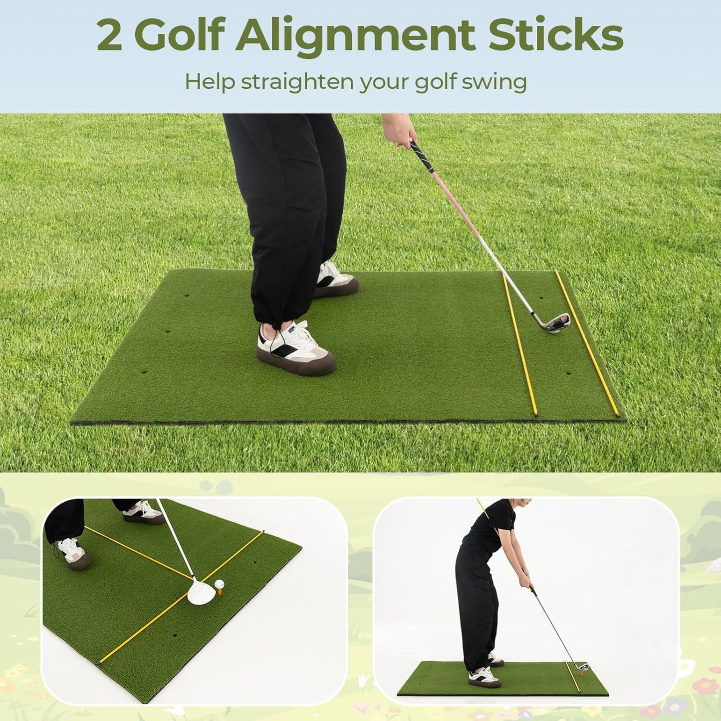 Goplus Golf Mat, 5x3ft/5x4ft Golf Hitting Mat 20/25/27/32mm Thick w/2 Alignment Sticks & 2 Golf Tees, Portable Artificial Turf Grass Training Mat Practice for Indoor Outdoor