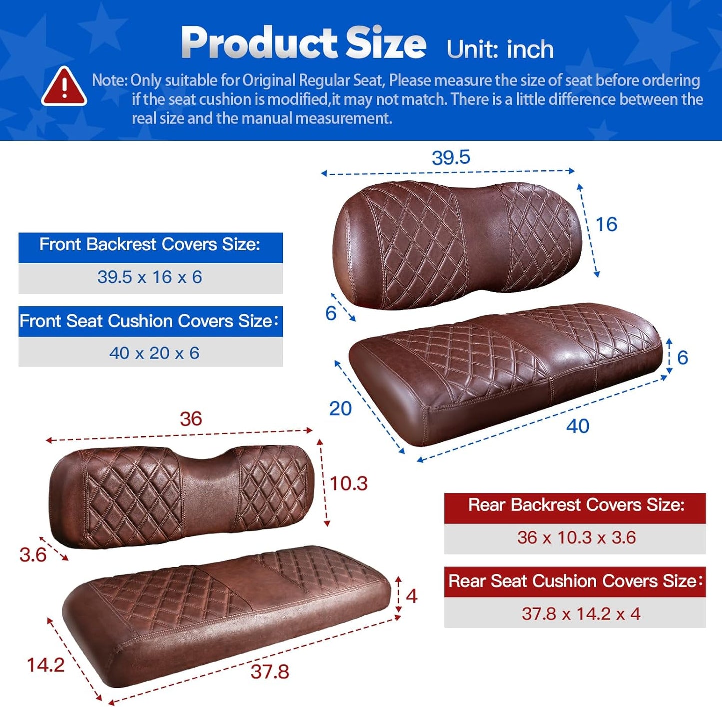 NOKINS Golf Cart Diamond Front&Rear Seat Covers Kit, Front Seat Covers Fits Club Car Precedent/Tempo/Onward Premium Seat Cushion, Rear Seat Covers Fits Aftermarket Standard Cushion(Brown&Brown 8438)