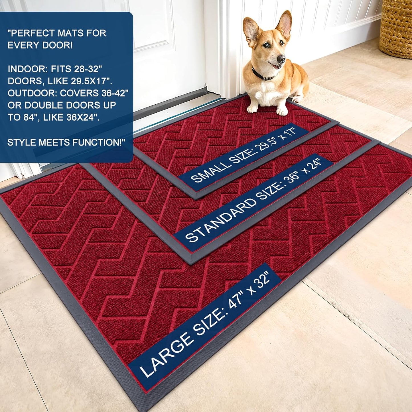 OLANLY Front Door Mat Indoor Outdoor Entrance, Waterproof All-Season, All-Weather Doormat, Sturdy Natural Rubber, Low Profile, Easy Clean Patio Porch Entryway Mat, Herringbone Brick (Wine Red, 47x17)