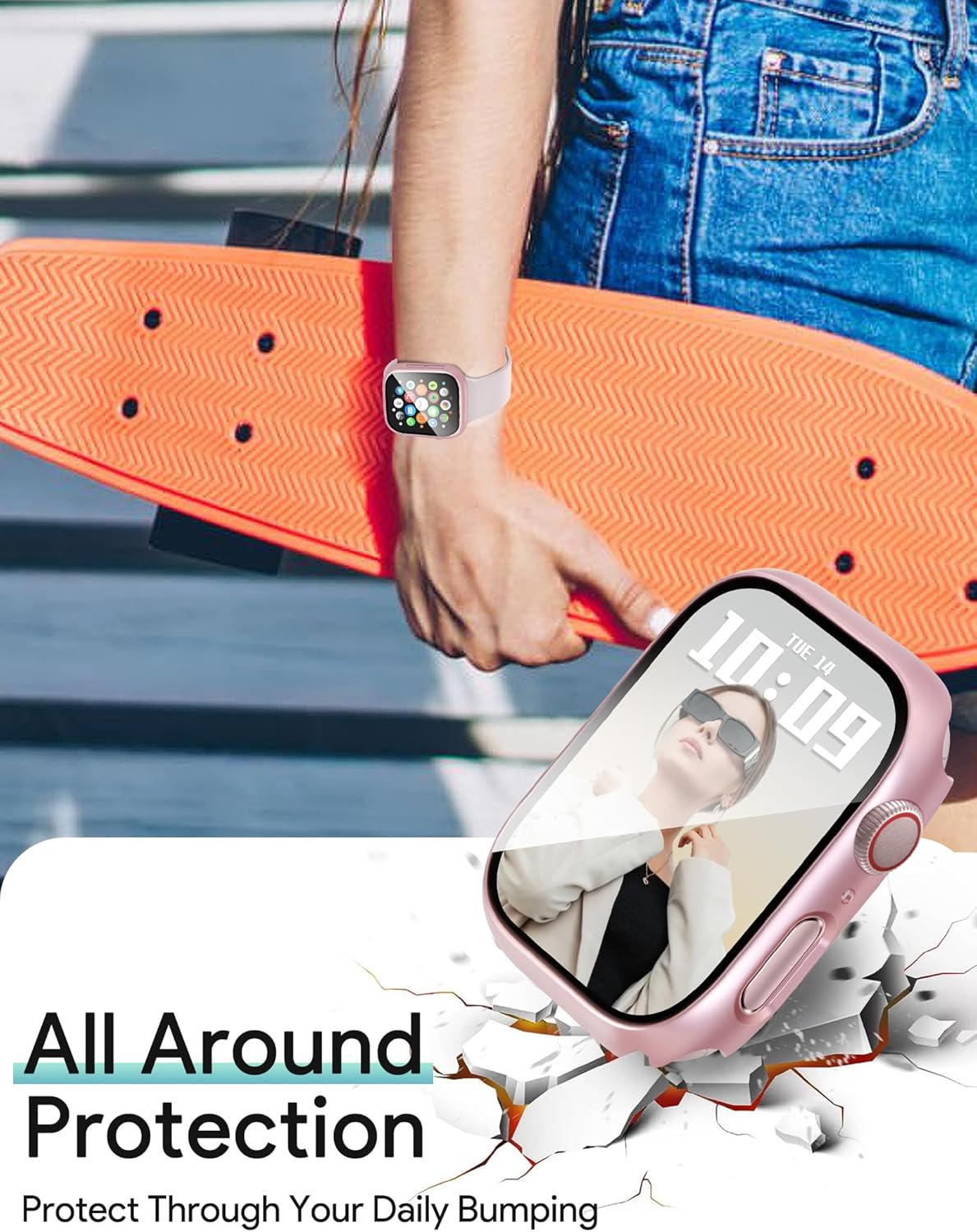 JR.DM 44mm 2 Pack Hard PC Case with HD Tempered Glass Screen Protector for Apple Watch Series 6/5/4/SE/SE2/SE3, Guard Bumper Full Protective Anti-Scratch Face Cover for iWatch, Pink/Clear