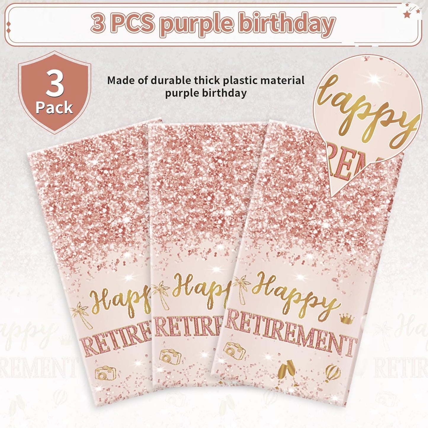 Grencian 3Pcs Rose Gold Retirement Tablecloth Pink Happy Retirement Table Cover Plastic Rectangle Women Happy Retired Table Cloth for Men Women Say Goodbye Going Away Party Supplies 54" x 108"