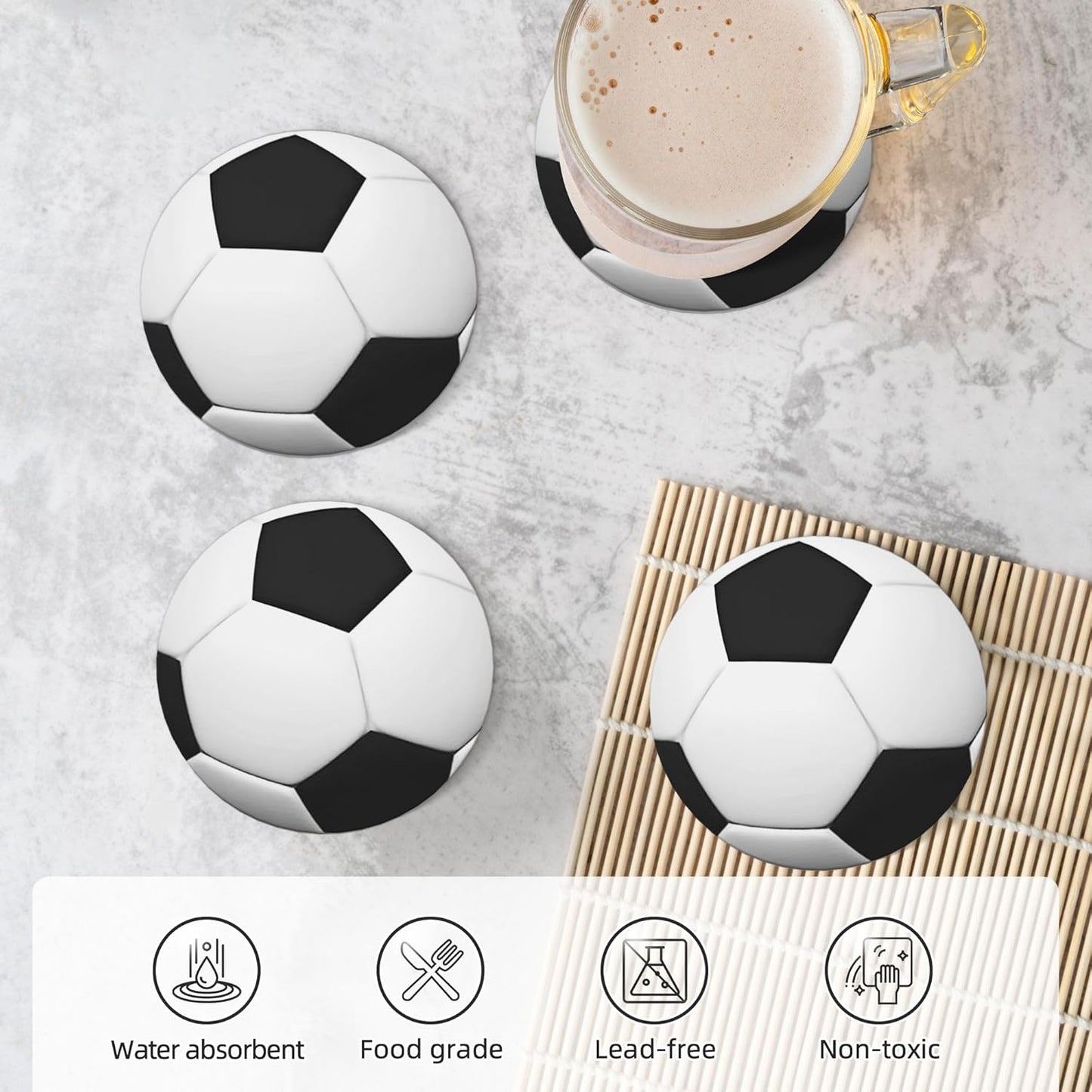 Soccer Ball Coasters for Drinks Set of 4, Absorbent Ceramic Drink Coasters for Coffee Table Wooden Table Cup Bar, 4 Inches