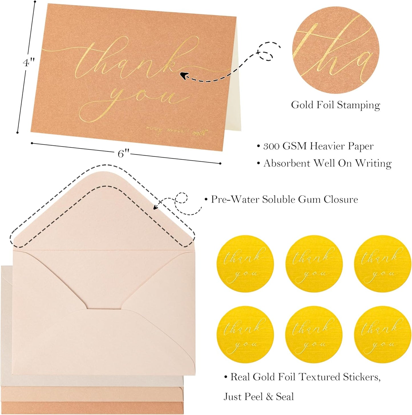 Crisky 50 Pcs Neutral Thank You Cards With 50 Envelopes & 50 Stickers Simple, Chic, Elegant Greeting Cards Perfect for: Wedding/Business/Birthday/Graduation etc. 4 x 6 inches 50 Pack
