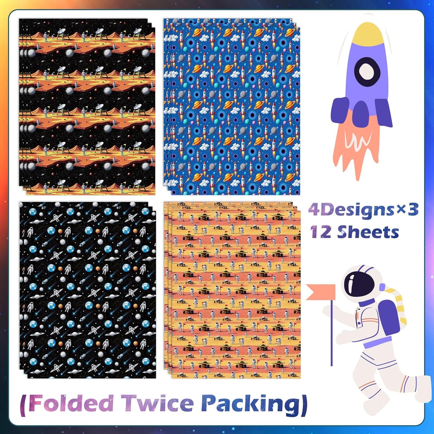 Space Wrapping Paper 12 Sheets Astronaut Rocket Planets Blue Galaxy Gift Wrap for Birthday,Baby Shower,Holiday,20"×28"