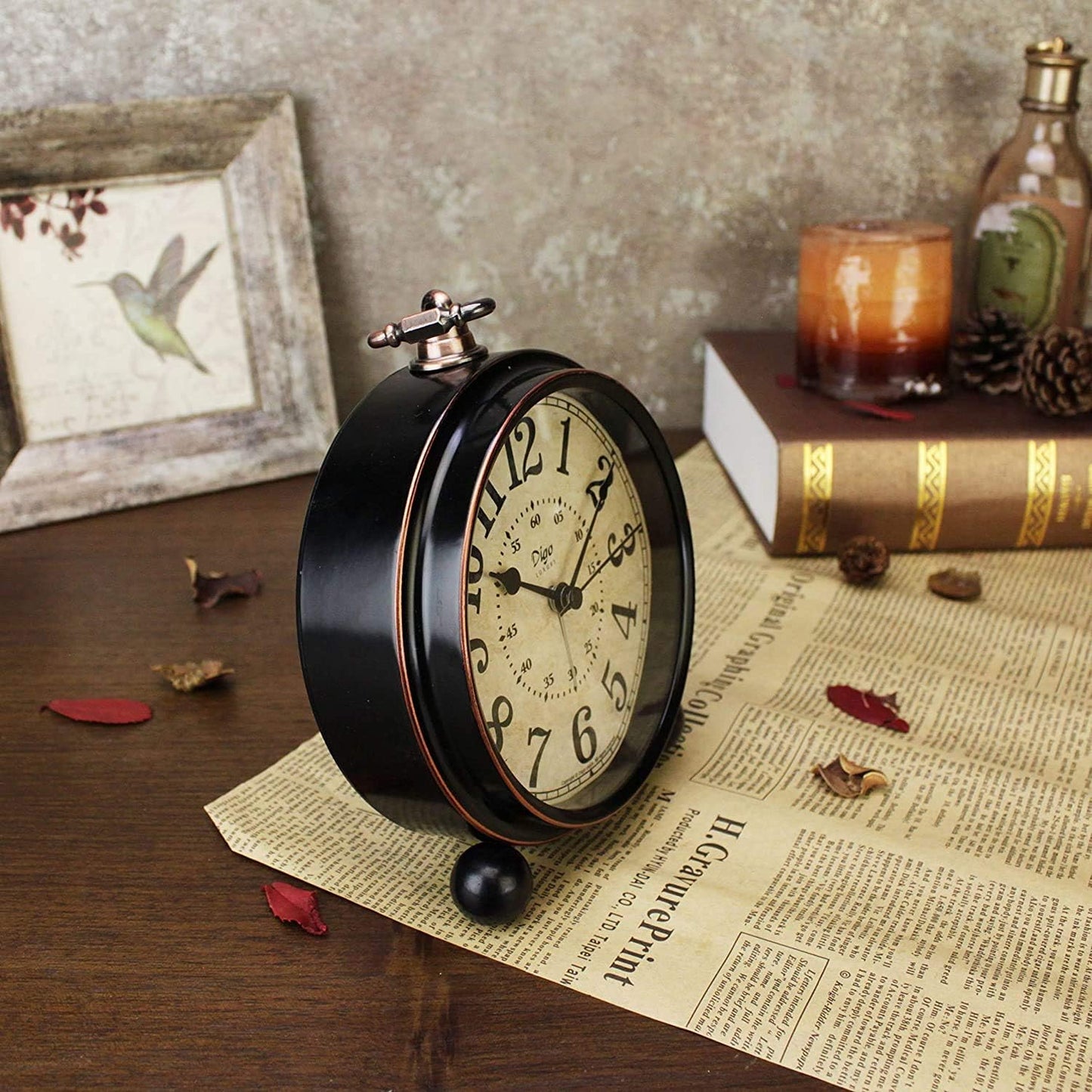 5.5 inch Black European Style Retro Silent Desk Alarm Clock Non-Ticking Whisper Battery Operated, HD Glass Face, Easy to Read for Indoor Decor