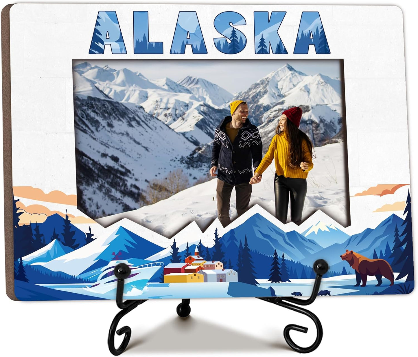 Alaska Photo Frame, 5 x 8 Wooden Picture Frame with Stand, Alaska Vacation Friendship Birthday Love Gifts for Couple Friends Family, Home Office Desk Holiday Decorations-A02