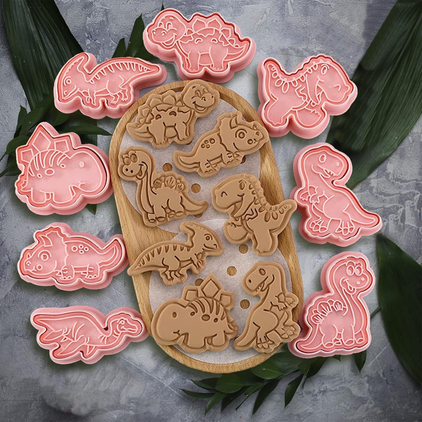 Dinosaur Cookie Cutters With Plunger Stampers Set,8 Piece 3D Dinosaur Embossing Cutters For Biscuit Fondant Cheese Baking