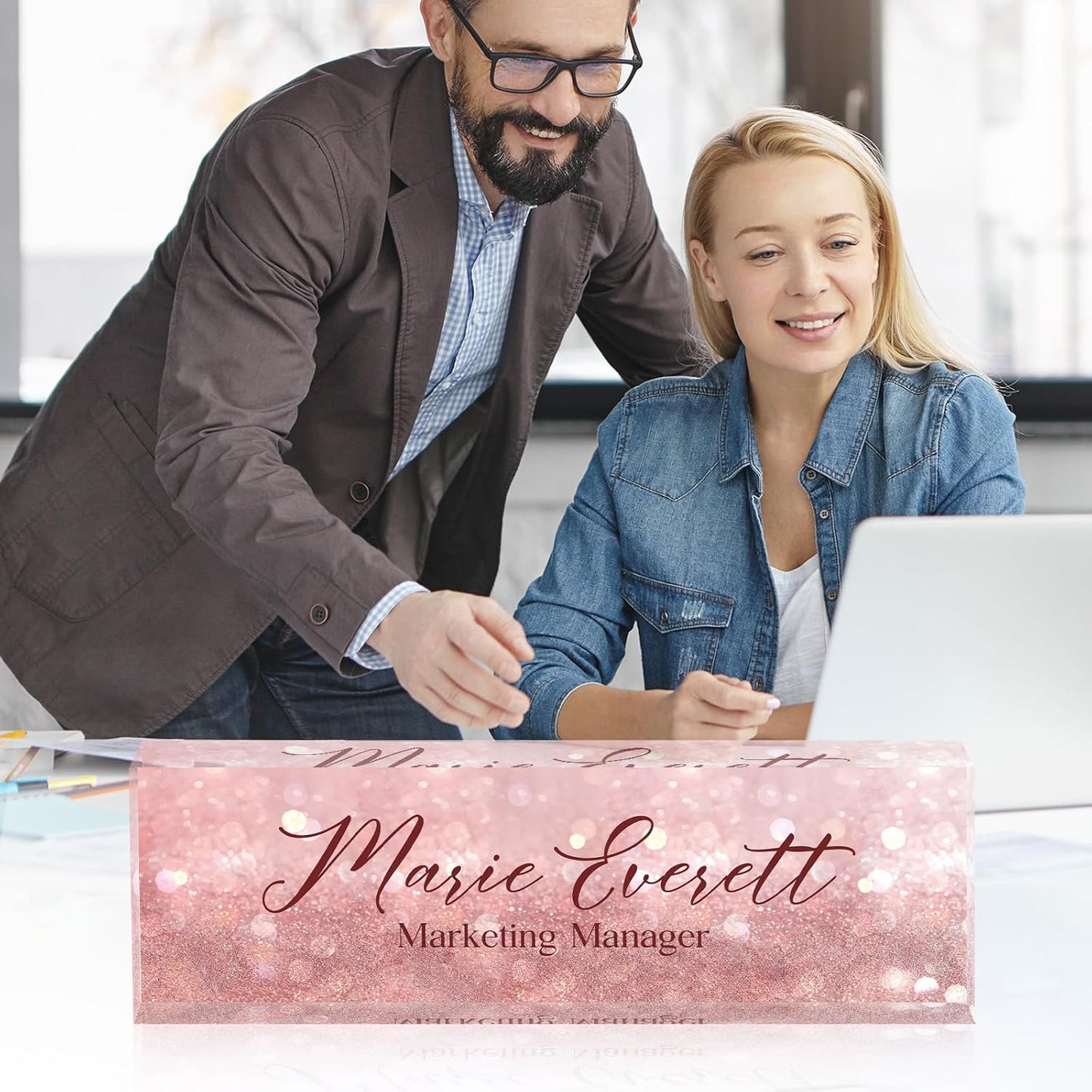 Personalized Name Plate for Desk Custom Acrylic Desk Name Plate Custom Employee Appreciation Gifts Office Gifts for Women, Men, Boss, Coworkers, Teacher, Nurse (B-Pink Crystal)