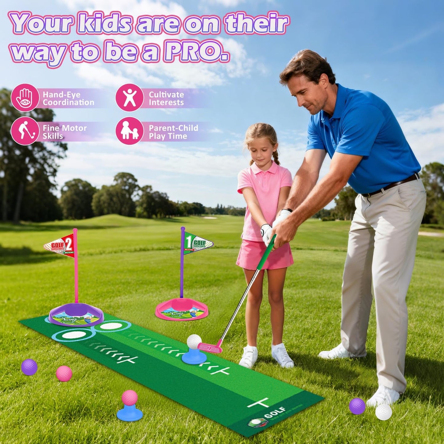 Kids Toy Golf Set with Dinosaur Automatic Golf Returner, Led Light Up Night Golf Balls, 3 Clubs, Putting Mat, 3-8 Toddler Mini Golf Games, Indoor Outdoor Sports Toys for Boys Girls 3+ (Pink)