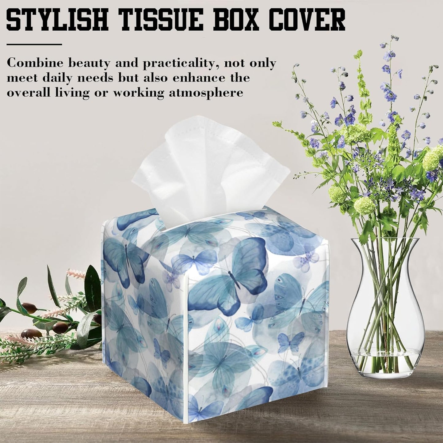 Abstract Blue Butterflies Tissue Box Cover Square, Tissue Box Holder Leather Facial Paper Case Decorative Organizer Holder Dispenser Home Office Car Decor