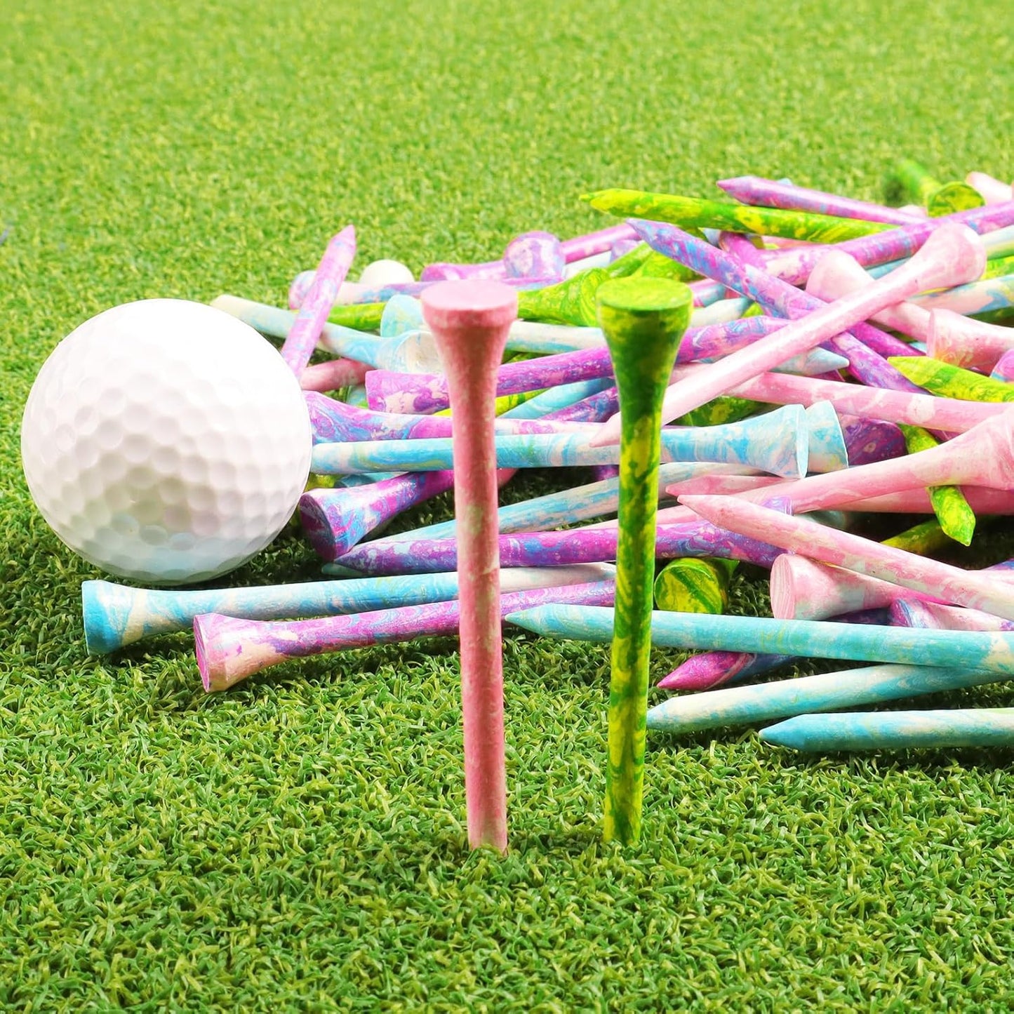 Amy Sport Golf Tees Styllish Bamboo Wooden Coloured Painted Bulk 200 Pack 1 1/2 3 1/4 2 3/4 Inch Tee, Enhanced Visibility Color Purple Pink Green Blue, Practice for Men Women
