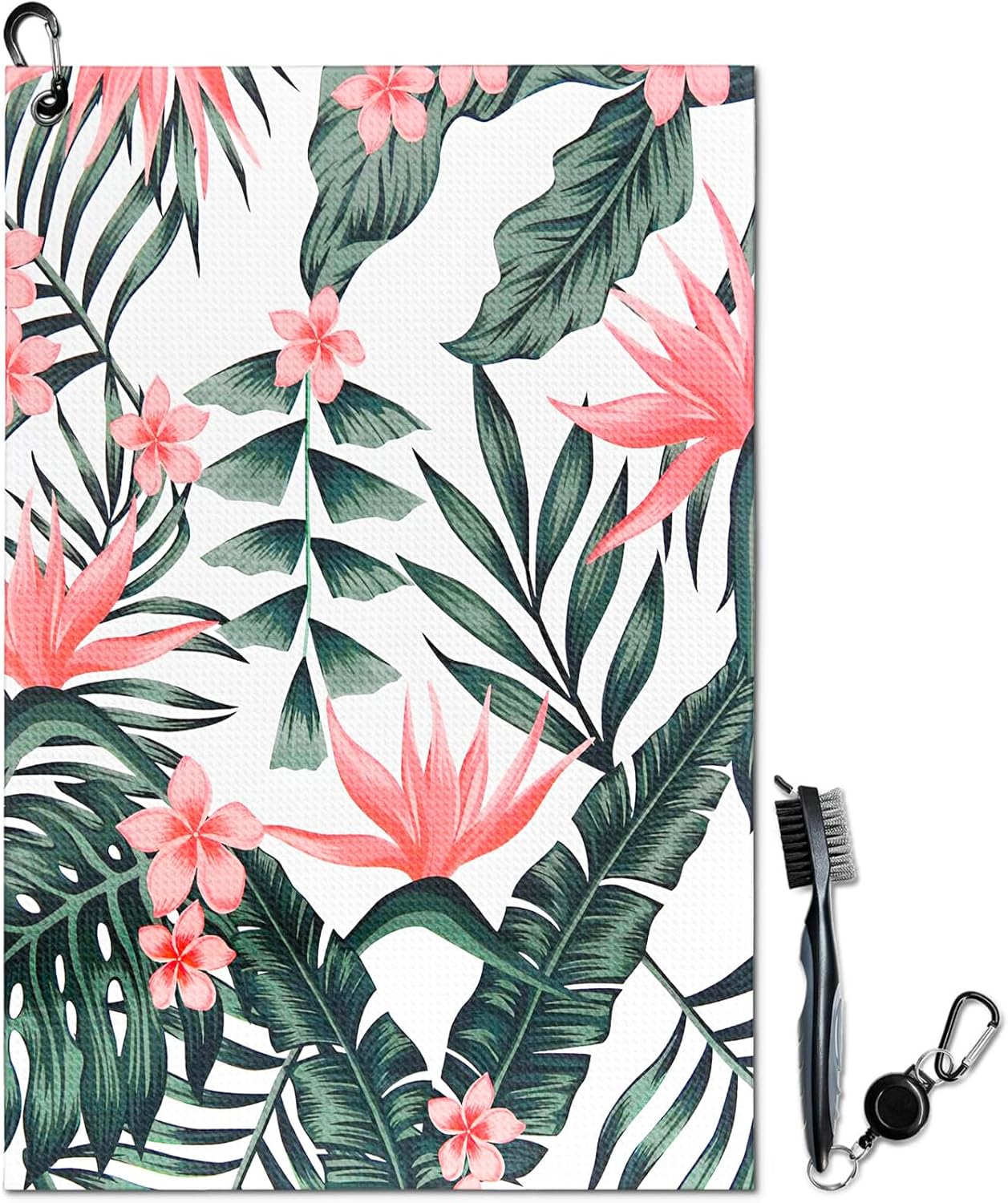 Tropical Plants Golf Towel and Brush Set, Microfiber Waffle Golf Bag Towel with Clip, Golf Cleaning Kit for Men and Women, Leaves Golf Accessories for Golf Fan, Golf Lovers Golfers Retirement Gift
