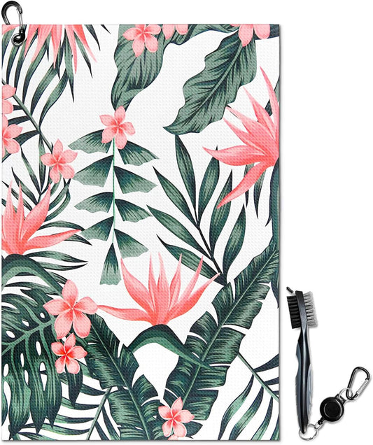 Tropical Plants Golf Towel and Brush Set, Microfiber Waffle Golf Bag Towel with Clip, Golf Cleaning Kit for Men and Women, Leaves Golf Accessories for Golf Fan, Golf Lovers Golfers Retirement Gift