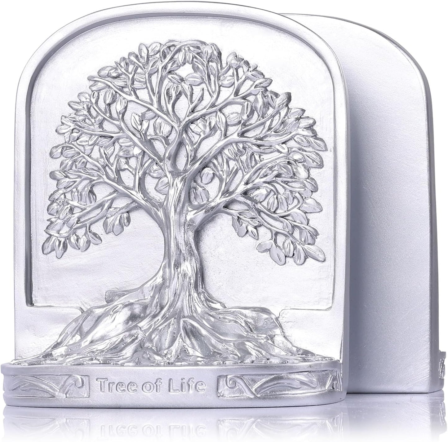 Silver Tree of Life Bookends Set, 2 Decorative Bookends for Shelves or Bookcase, Non-Skid Heavy Bookends for Desktop Shelf Decor, Library Office Decor, Home Décor Gift