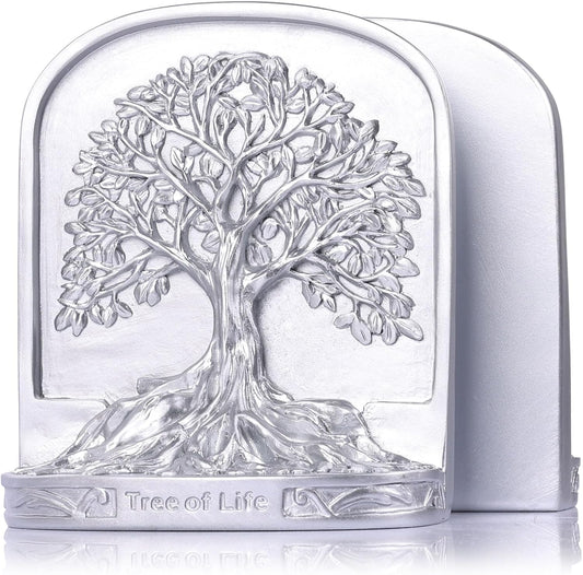 Silver Tree of Life Bookends Set, 2 Decorative Bookends for Shelves or Bookcase, Non-Skid Heavy Bookends for Desktop Shelf Decor, Library Office Decor, Home Décor Gift