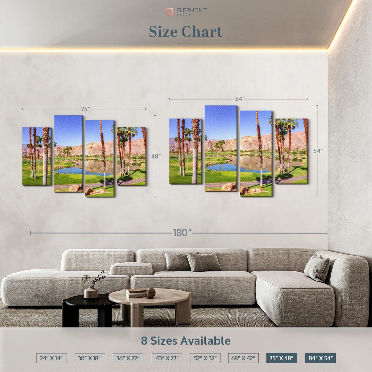 Elephant Stock La Quinta Golf Course Wall Art - Horizontal Canvas - 4-Piece Living Room Wall Decor - Photography Sports Canvas Print - Beige and Brown Decor for Wall - 84" X 54"