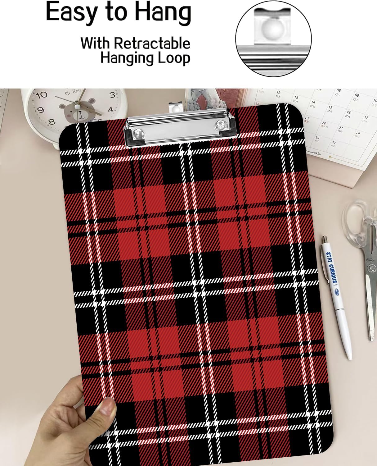 Fashion A4 Clipboard, Standard Letter Size 9" x 12.5", Decorative Wooden Clipboard with Low Profile Metal Clip for Office, School, Teachers, and Students, Black Red Plaid Tartan