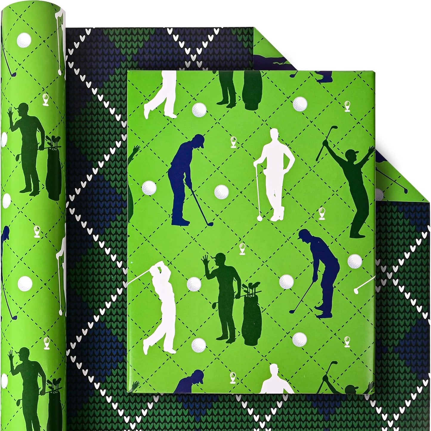 Altarho Golf Wrapping Paper Roll for Boys Women Men - Green Golf and Textile Print Plaid Design Sports Gift Wrap Sheets for Birthday Father's Day Team Party Supplies Total 28.5sq.ft