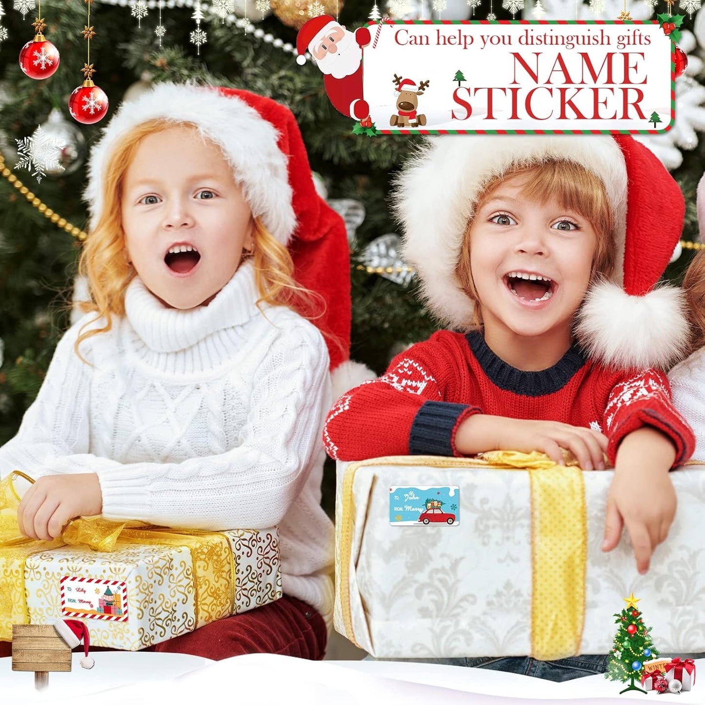 Outus 500 Pieces Christmas Tags Self Adhesive Gift Tags for Xmas Presents Christmas Name Labels Stickers for Wrapping Paper Festival Birthday Holiday Decor(Cartoon Style,2.95 x 1.6 Inch)