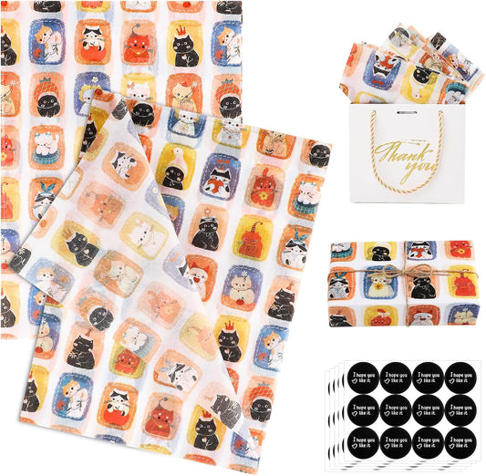 100 Sheets Cute Cat Tissue Paper with Stickers,20x14 Inch Kitties Pattern Gift Wrapping Paper for Birthday, Baby Shower, Wedding, Crafts, Party Favors and Cat Lovers