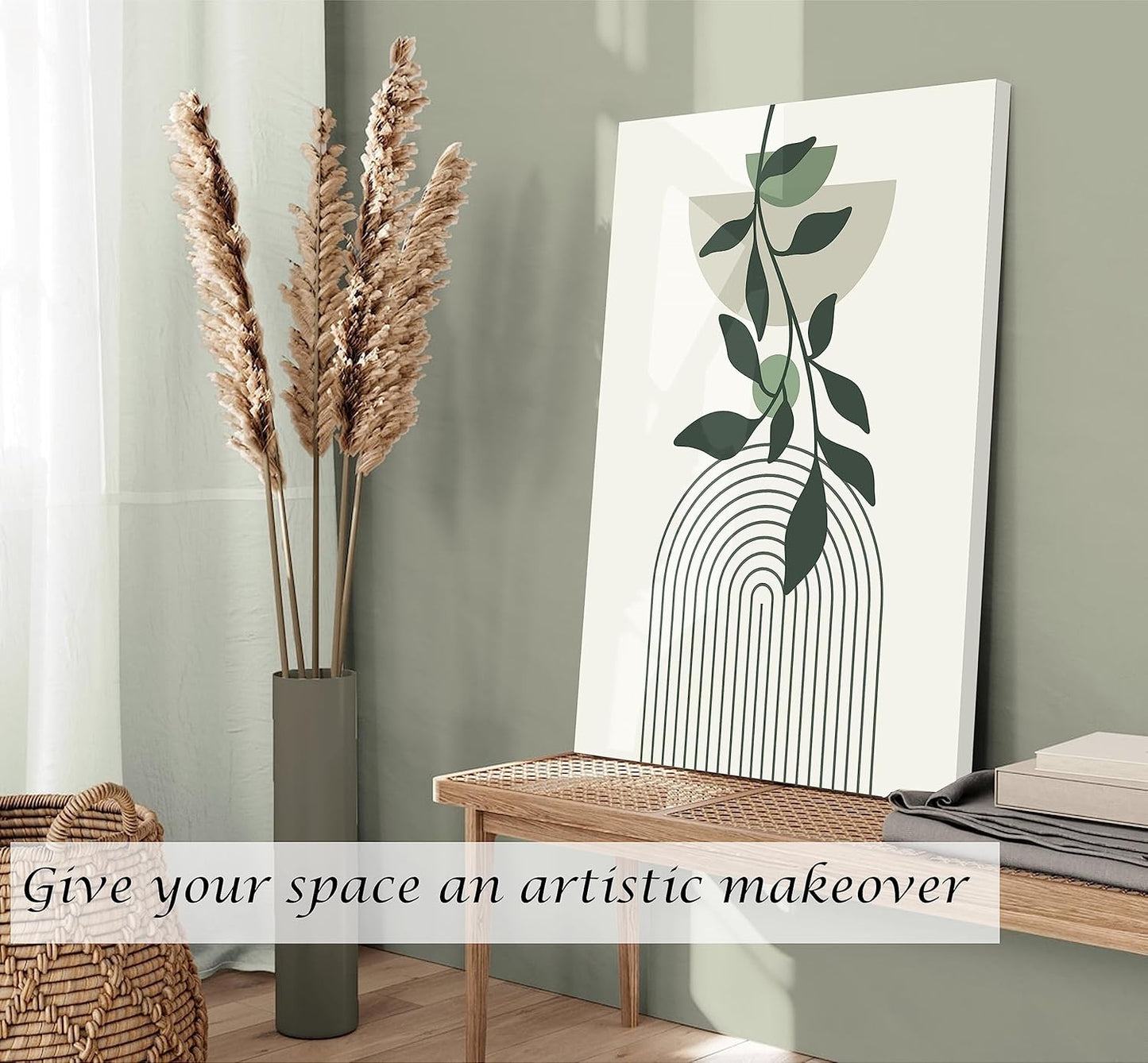 Induslyfe Large Framed Boho Canvas Wall Art Set of 3, Mid Century Modern room Decor, Minimalist Sage Green Botanical Boho Bathroom wall art 18x24 Abstract Geometric Canvas Prints Ready To Hang Bedroom