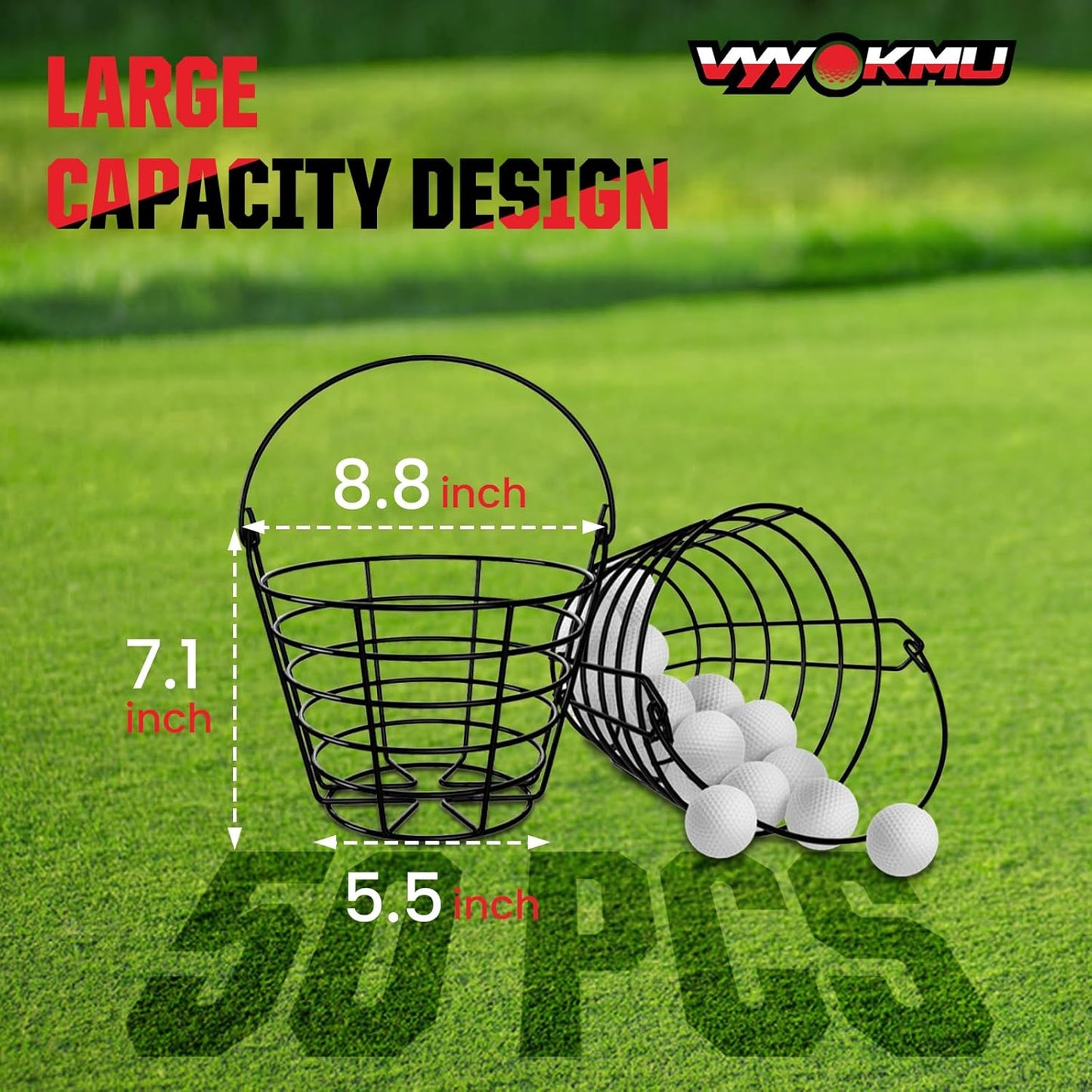 Mental Golf Ball Basket with Handle, 2 Pack Golf Ball Buckets, Stainless Bucket of Golf Balls, Holds 50 Balls of Golf Ball Holder, Portable Metal Baskets for Storage for Golf Cart Accessories