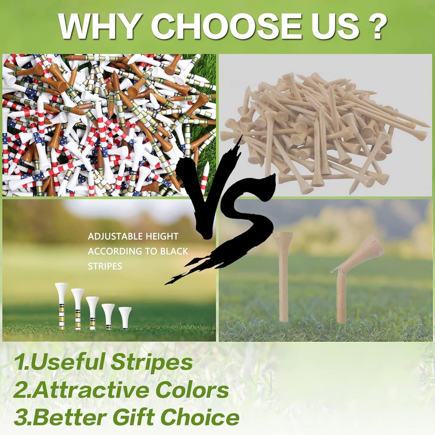 FINGER TEN Golf Tees Wood 3 1/4 2 3/4 Inch Wooden Bamboo 50/120 Count, Durable Biodegradable Colored Bulk Tee 70mm 83mm